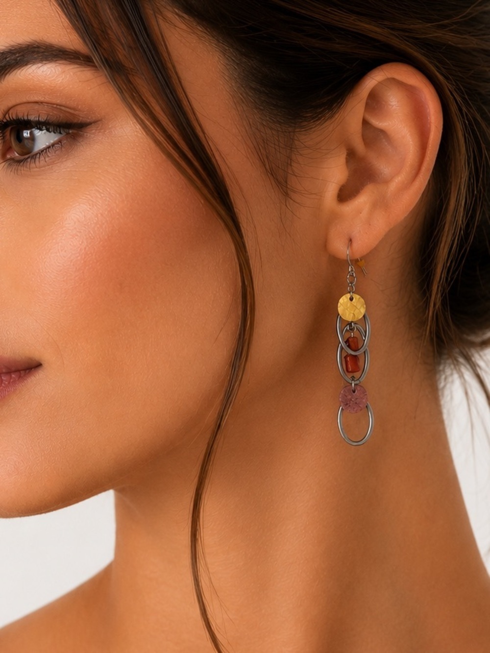 Silver Tone Triple Tiered Hoops with Pink Orange Purple Faux Bead Earrings